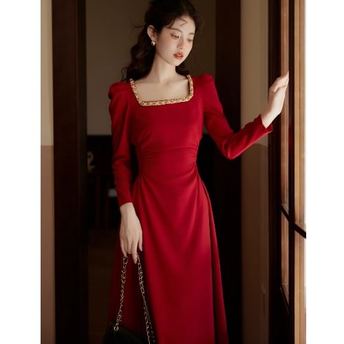 Long Sleeve Round Neck Contrast Trim Ruched Midi A-Line Dress