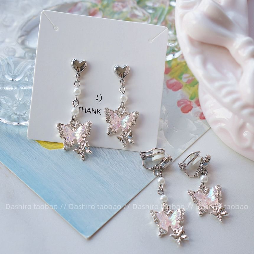 Rhinestone Drop / Butterfly On Clip Earring