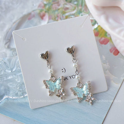 Rhinestone Drop / Butterfly On Clip Earring