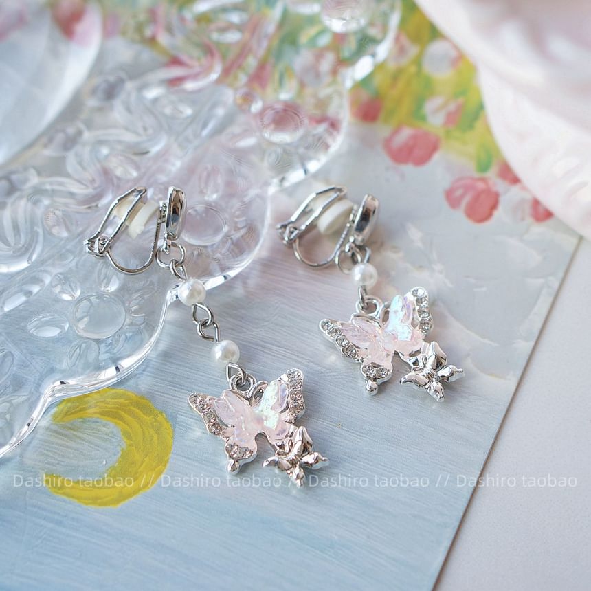 Rhinestone Drop / Butterfly On Clip Earring