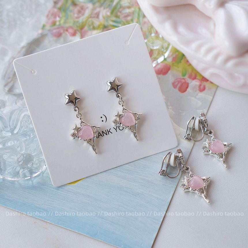 Clip / Star Earring Rhinestone Heart Drop On