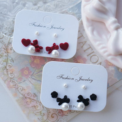Bow of Asymmetrical Pearl Earring Stud Set 3 Faux Pairs: