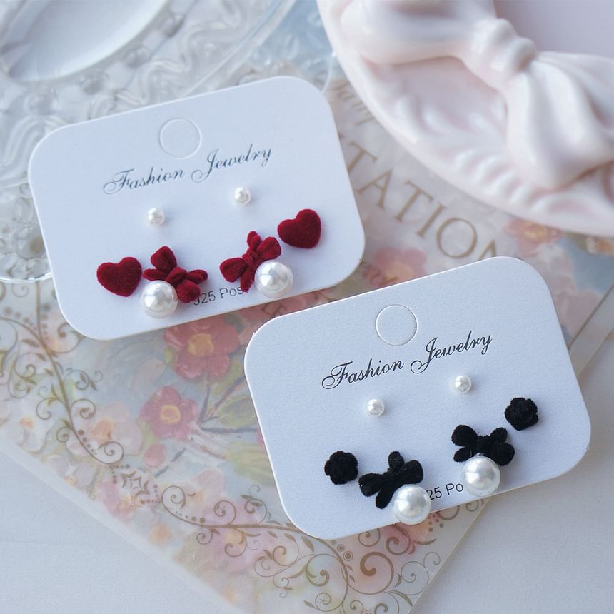 Bow of Asymmetrical Pearl Earring Stud Set 3 Faux Pairs: