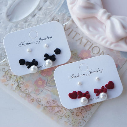 Bow of Asymmetrical Pearl Earring Stud Set 3 Faux Pairs:
