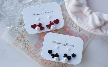 Bow of Asymmetrical Pearl Earring Stud Set 3 Faux Pairs: