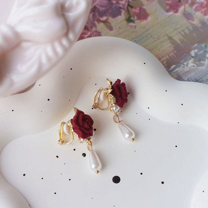 Clip Faux / On Pearl Rose Earring Drop