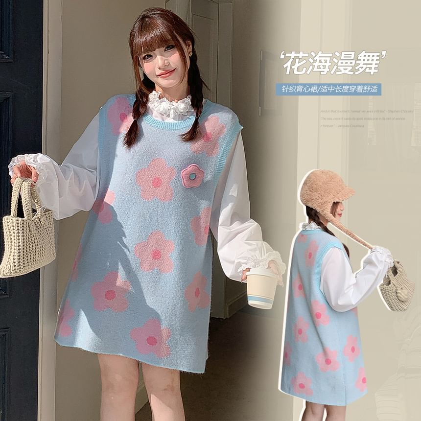 Sleeveless Crewneck Floral Pattern Knit Shift Dress