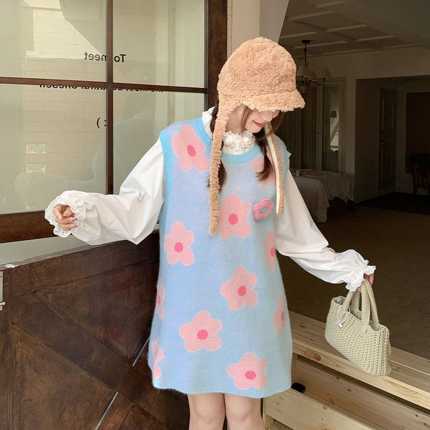 Sleeveless Crewneck Floral Pattern Knit Shift Dress