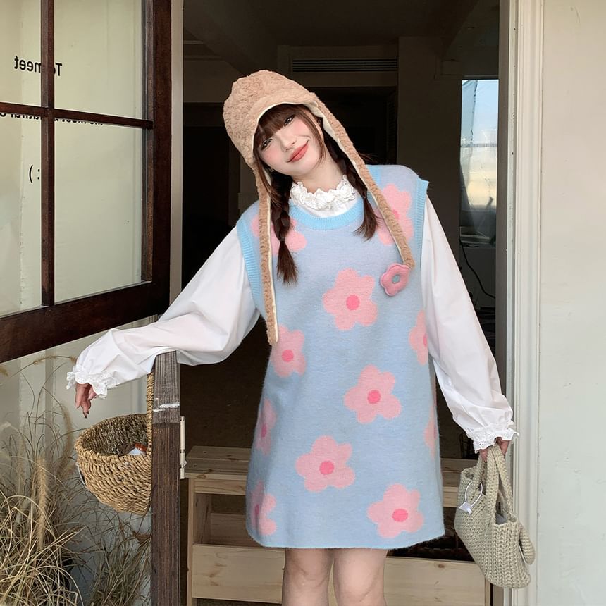 Sleeveless Crewneck Floral Pattern Knit Shift Dress