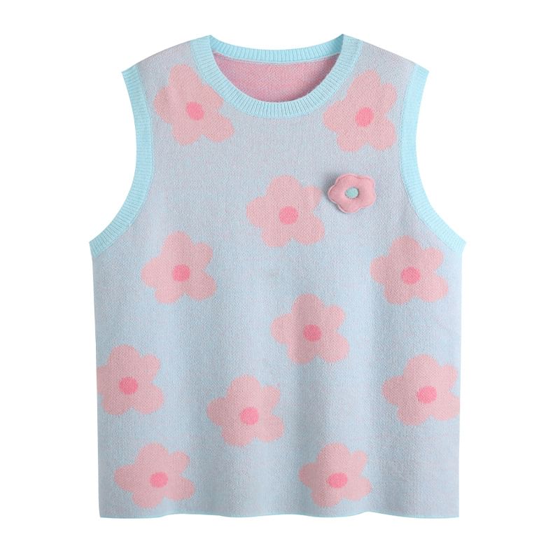 Sleeveless Crewneck Floral Pattern Knit Shift Dress