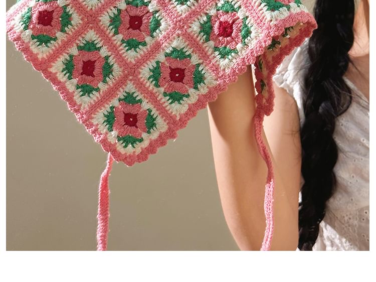 Floral Head Knit Scarf Plaid Triangle