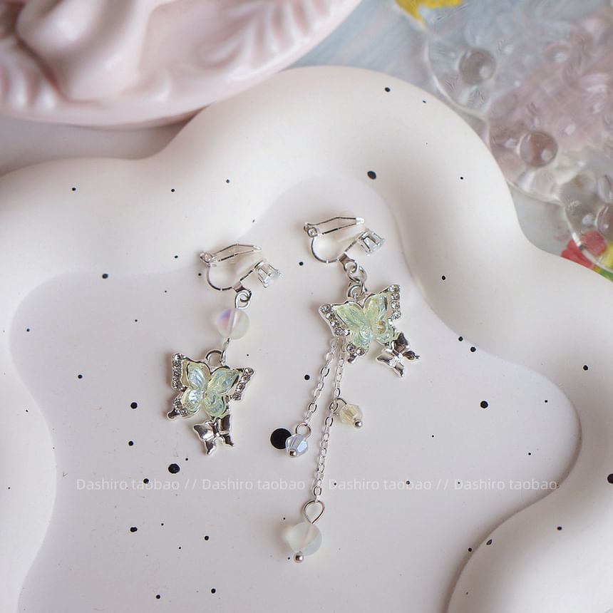 On Beaded Clip Dangle / Butterfly Earring