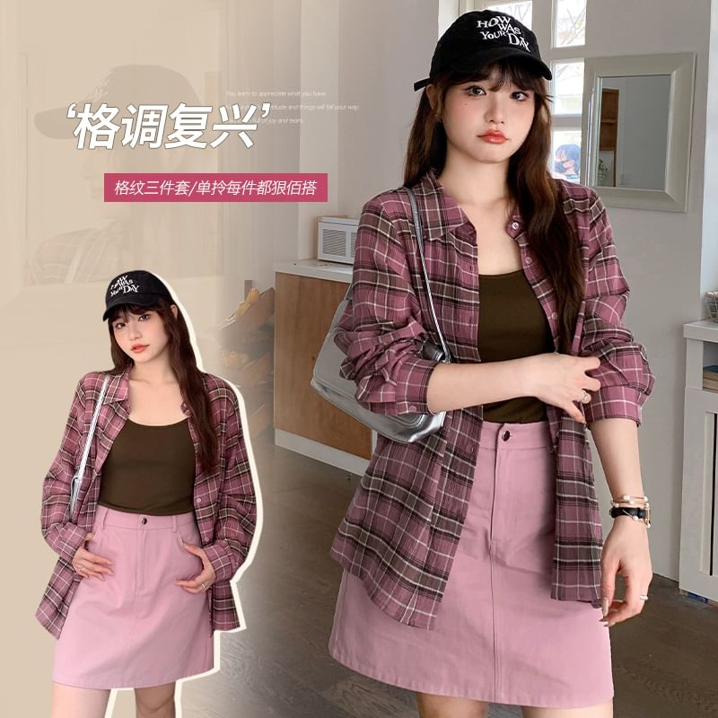Plus Size Long-Sleeve Plaid Shirt / Scoop Neck Plain Tank Top / High Waist Mini A-Line Skirt
