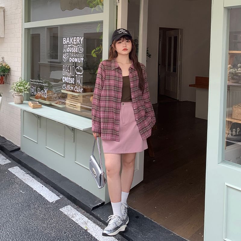 Plus Size Long-Sleeve Plaid Shirt / Scoop Neck Plain Tank Top / High Waist Mini A-Line Skirt