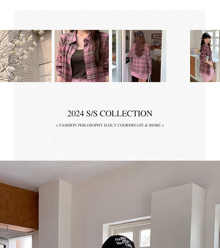 Plus Size Long-Sleeve Plaid Shirt / Scoop Neck Plain Tank Top / High Waist Mini A-Line Skirt