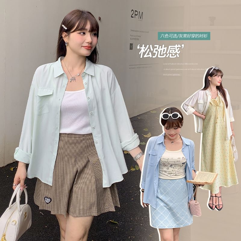 Plus Size Long-Sleeve Plain Pocket Front Shirt