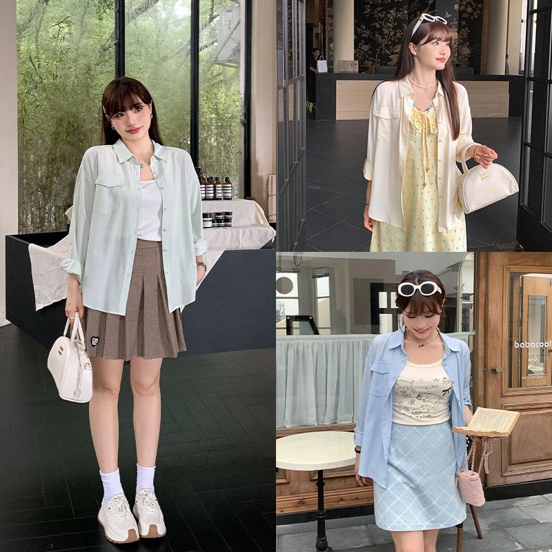 Plus Size Long-Sleeve Plain Pocket Front Shirt