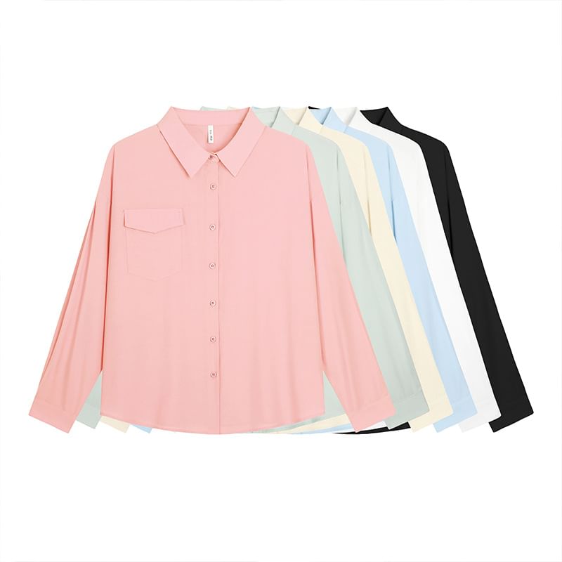 Plus Size Long-Sleeve Plain Pocket Front Shirt