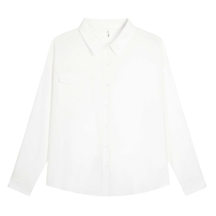 Plus Size Long-Sleeve Plain Pocket Front Shirt