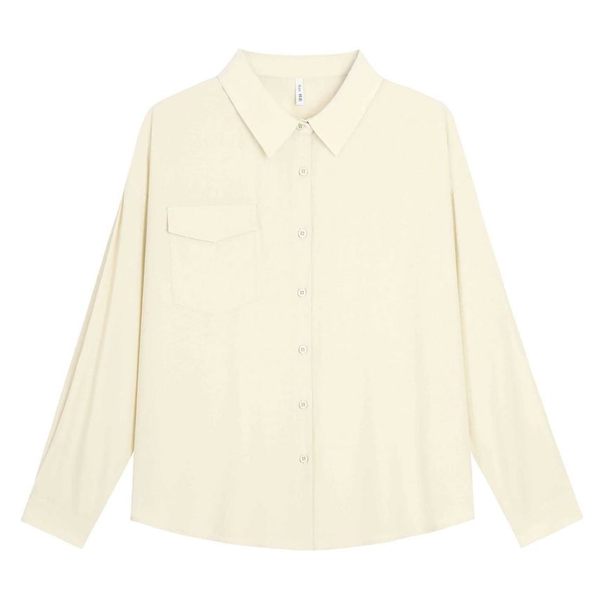 Plus Size Long-Sleeve Plain Pocket Front Shirt