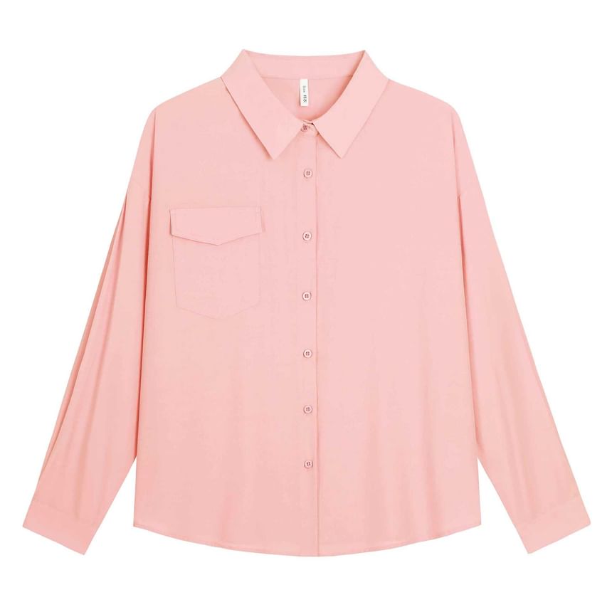 Plus Size Long-Sleeve Plain Pocket Front Shirt