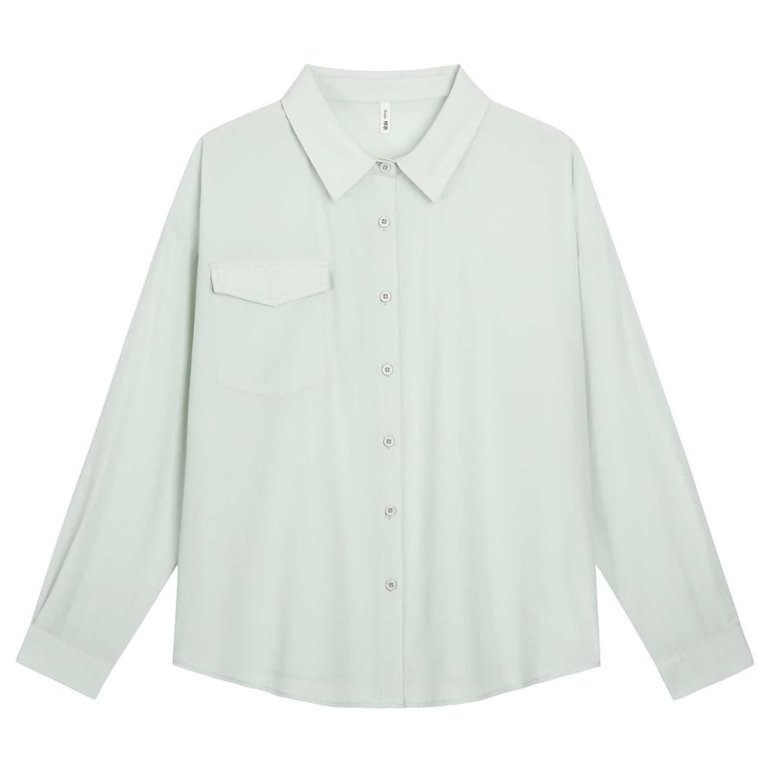 Plus Size Long-Sleeve Plain Pocket Front Shirt