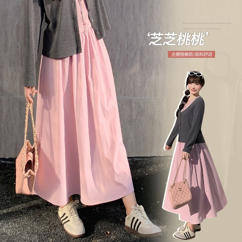 Plus Size V-Neck Plain Cardigan / High Waist Maxi A-Line Skirt