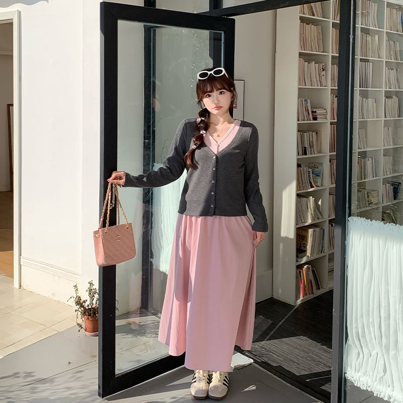 Plus Size V-Neck Plain Cardigan / High Waist Maxi A-Line Skirt