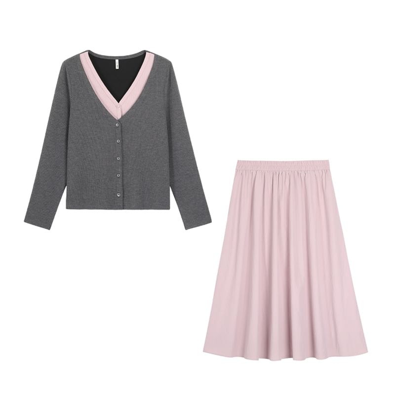 Plus Size V-Neck Plain Cardigan / High Waist Maxi A-Line Skirt