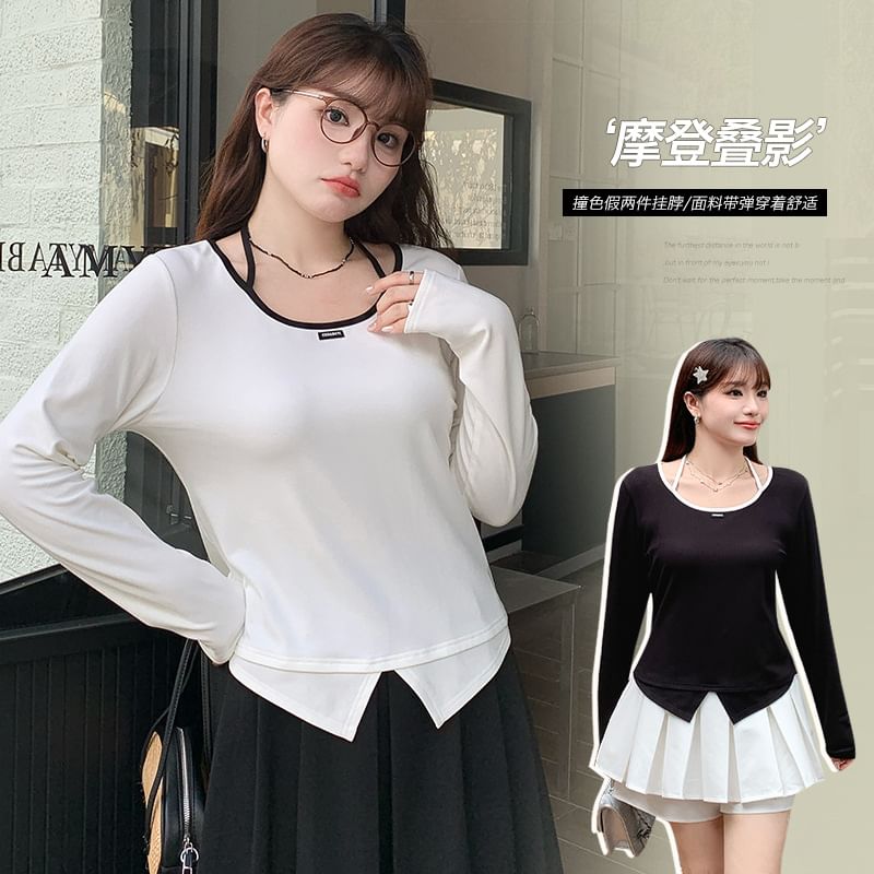 Plus Size Long-Sleeve Scoop Neck Plain Contrast Trim Applique Front-Slit Tee