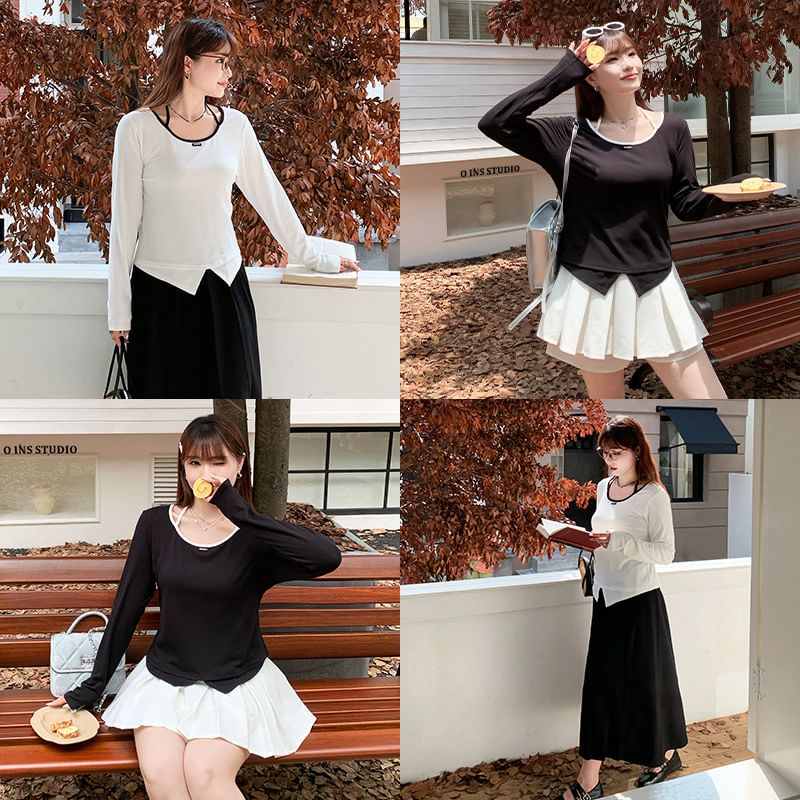 Plus Size Long-Sleeve Scoop Neck Plain Contrast Trim Applique Front-Slit Tee