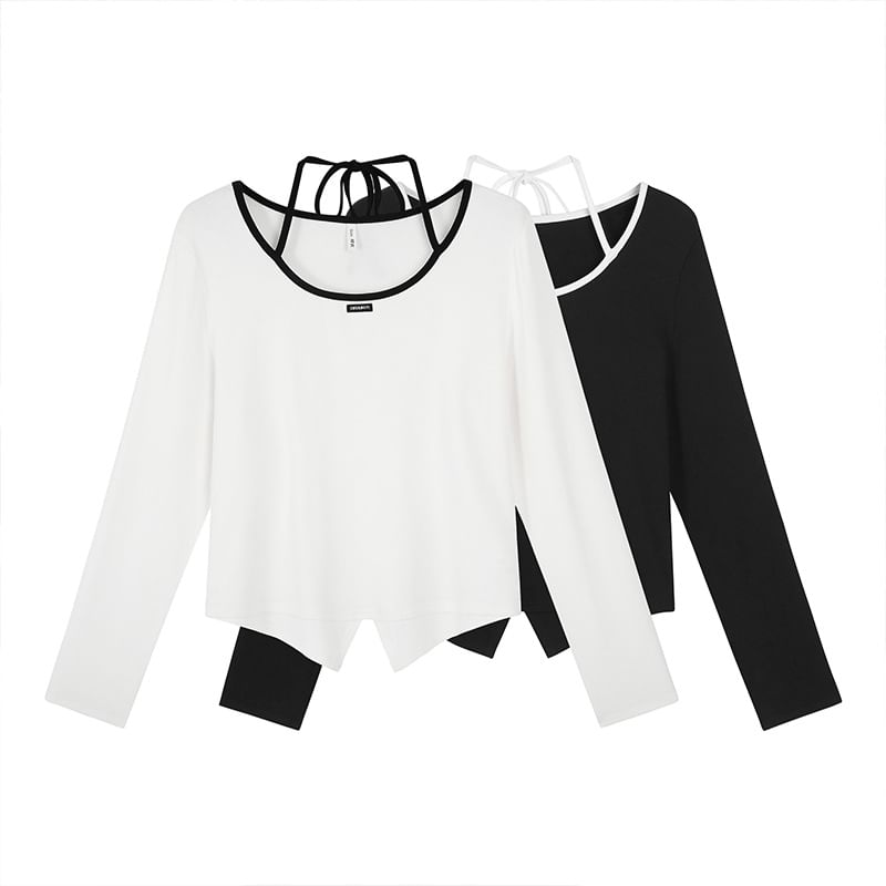 Plus Size Long-Sleeve Scoop Neck Plain Contrast Trim Applique Front-Slit Tee