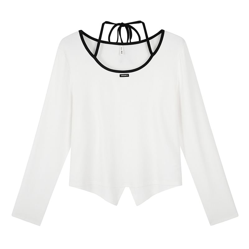 Plus Size Long-Sleeve Scoop Neck Plain Contrast Trim Applique Front-Slit Tee