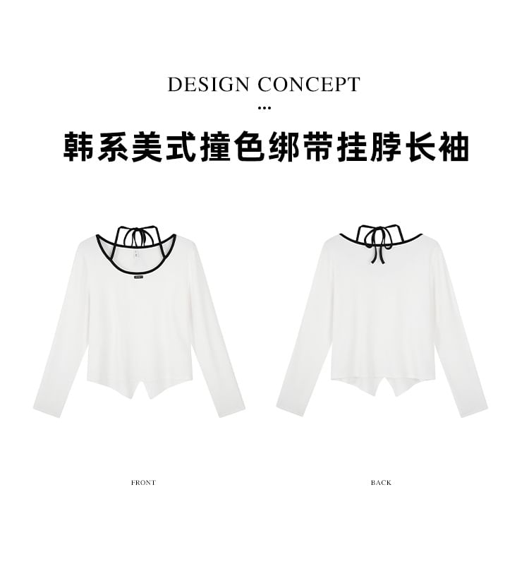 Plus Size Long-Sleeve Scoop Neck Plain Contrast Trim Applique Front-Slit Tee