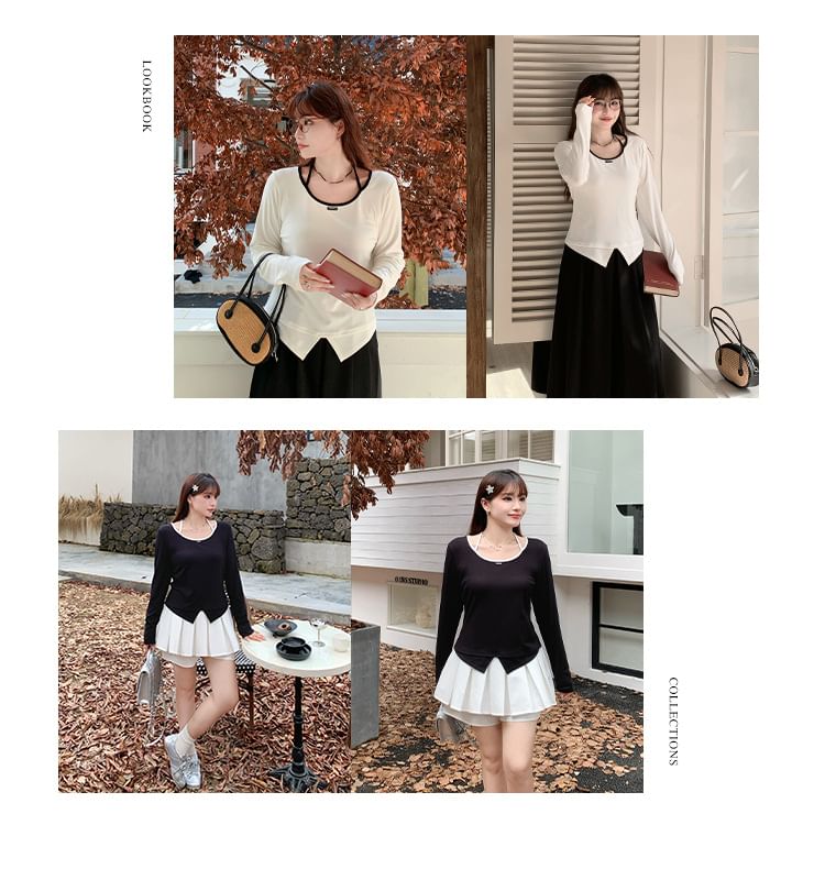 Plus Size Long-Sleeve Scoop Neck Plain Contrast Trim Applique Front-Slit Tee