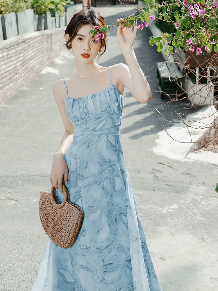 Spaghetti Strap Print Midi A-Line Sundress / Plain Ruffle Trim Crop Cardigan / Set