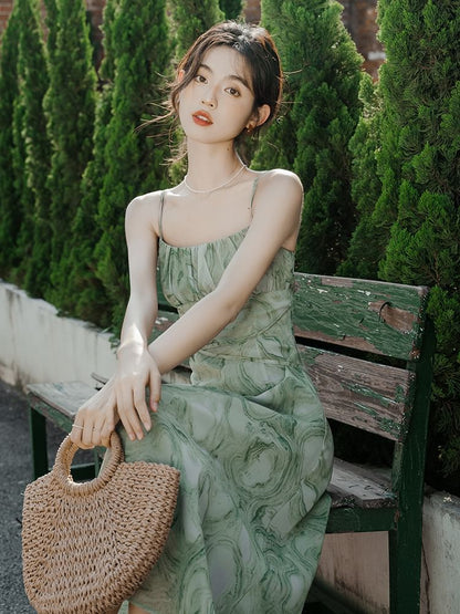 Spaghetti Strap Print Midi A-Line Sundress / Plain Ruffle Trim Crop Cardigan / Set