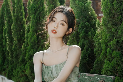 Spaghetti Strap Print Midi A-Line Sundress / Plain Ruffle Trim Crop Cardigan / Set