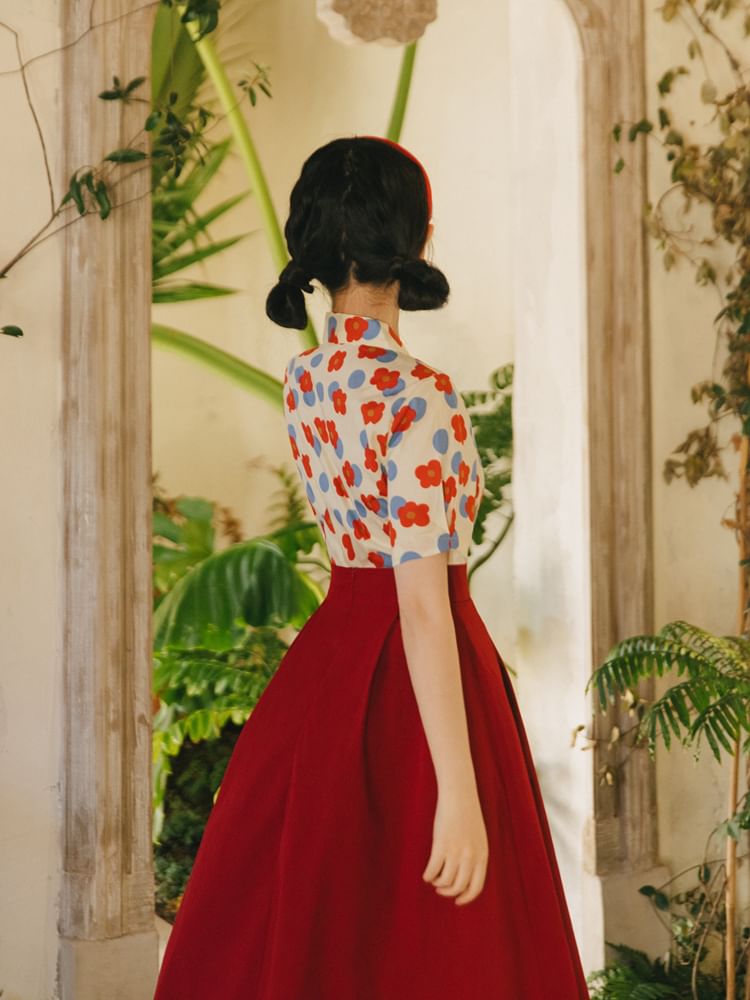 Set: Short-Sleeve Notch Lapel Floral Shirt + High Rise Midi A-Line Skirt