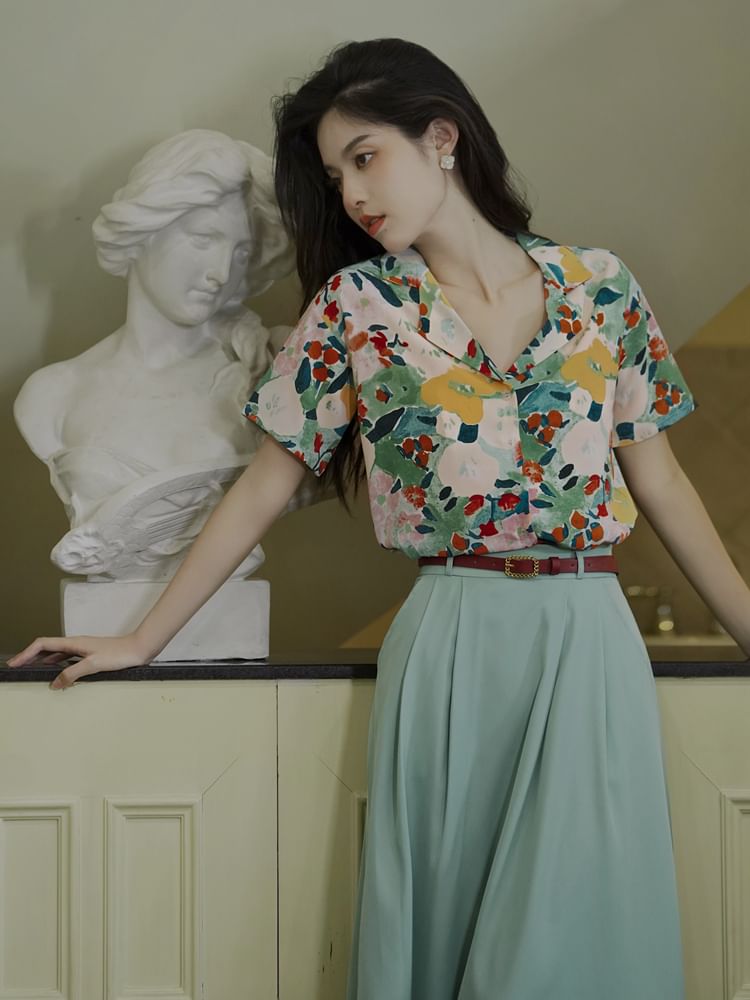 Set: Short-Sleeve Notch Lapel Floral Shirt + High Rise Midi A-Line Skirt