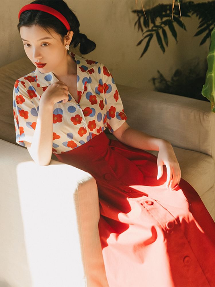 Set: Short-Sleeve Notch Lapel Floral Shirt + High Rise Midi A-Line Skirt
