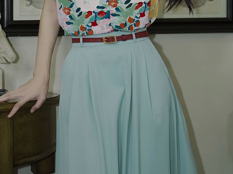 Set: Short-Sleeve Notch Lapel Floral Shirt + High Rise Midi A-Line Skirt