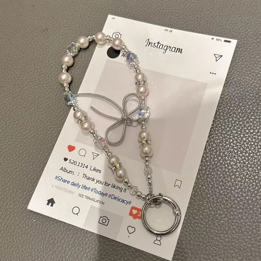 Bow Faux Pad Phone Lanyard with Pearl Strap