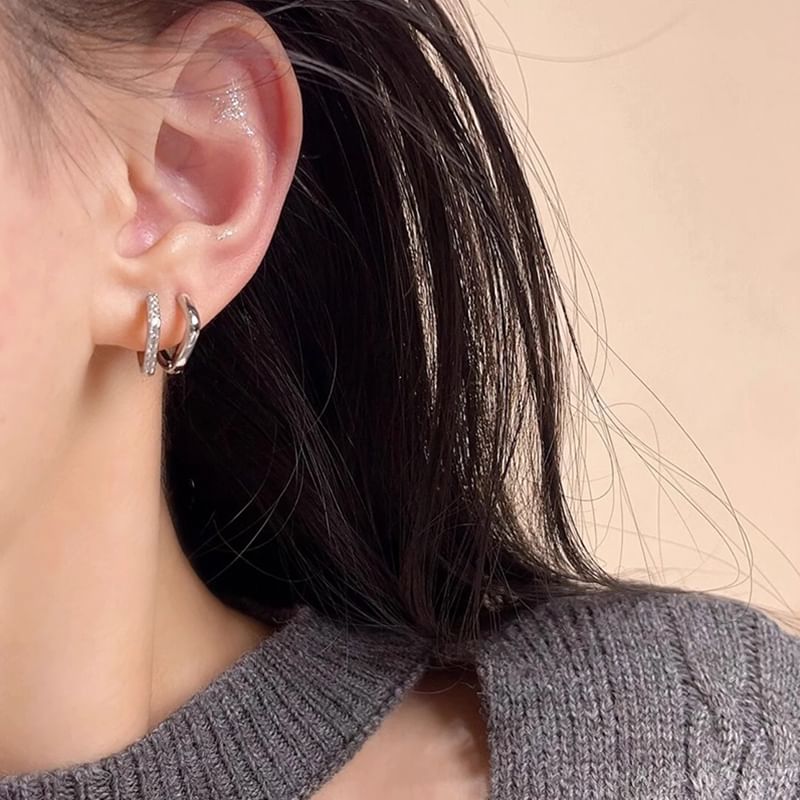 Rhinestone Huggie Polished Square / Alloy Earring