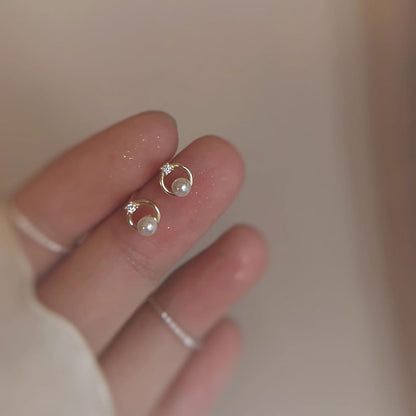 Stud Faux Pearl Earring Rhinestone Alloy