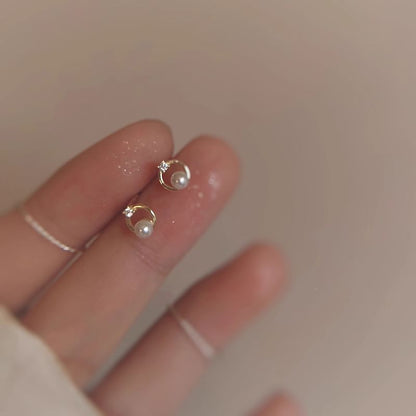 Stud Faux Pearl Earring Rhinestone Alloy