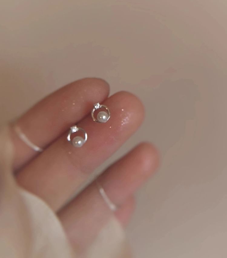 Stud Faux Pearl Earring Rhinestone Alloy