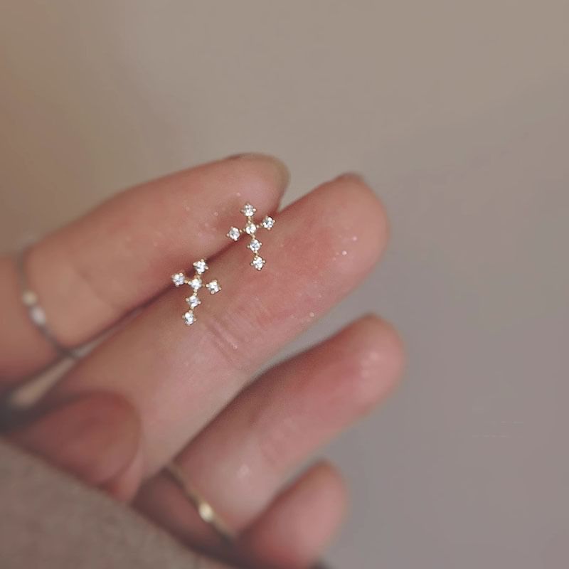 Stud Rhinestone Alloy Earring Cross