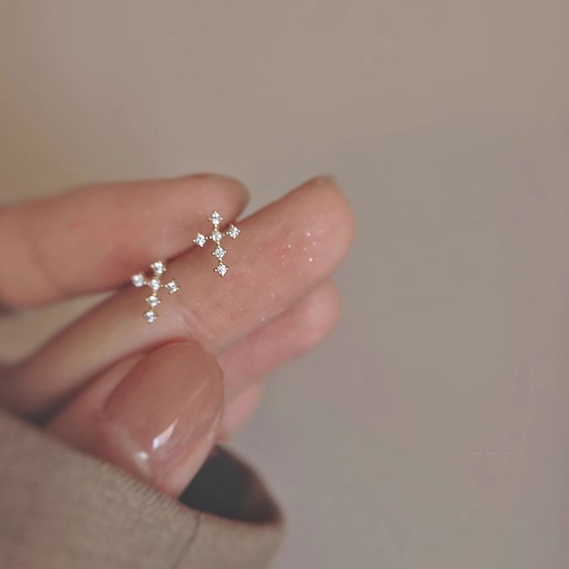 Stud Rhinestone Alloy Earring Cross