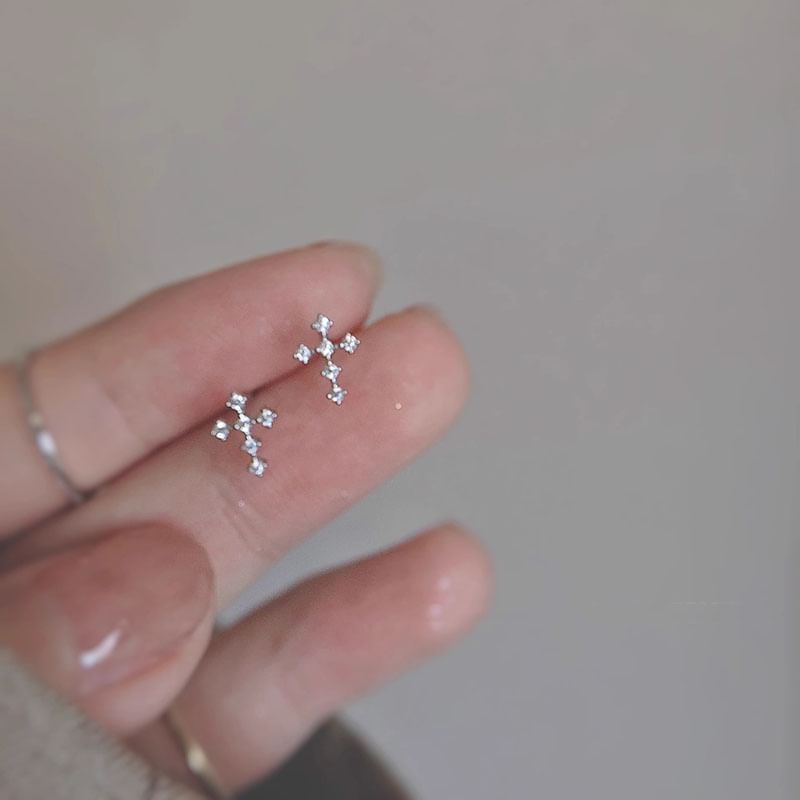 Stud Rhinestone Alloy Earring Cross
